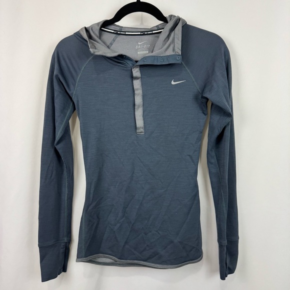 Nike Tops - Nike Wool Blend Base Layer Long Sleeve Hooded Shirt 1/4 Snap Sz XS Navy/Grey